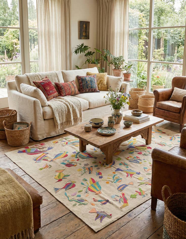 Detail image of 5' 2 x 6' 1  Hand Woven Kilim Suzani Wool Square Rug