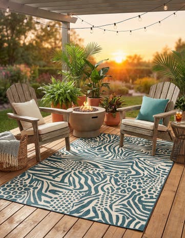 Navy Blue and Ivory Easy-Clean Safari Indoor / Outdoor Rug