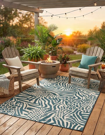 Navy Blue and Ivory Easy-Clean Safari Indoor / Outdoor Rug