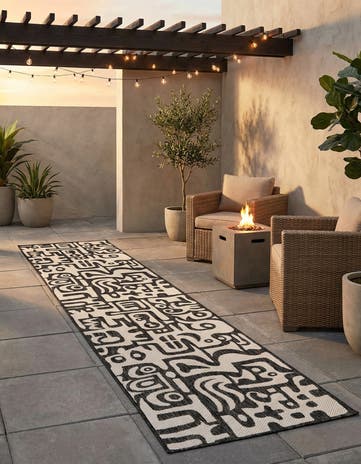Black and White Easy-Clean Modern Indoor / Outdoor Runner Rug