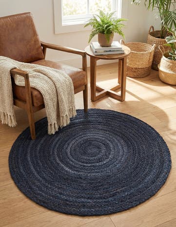 Navy Blue Handmade Braided Jute Round Rug