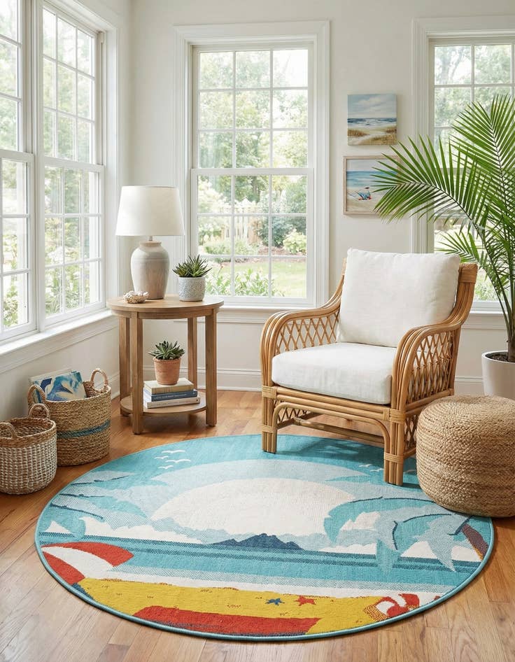 Detail image of 5' x 5'  Washable Coastal Indoor / Outdoor Round Rug