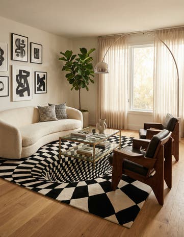 Black and White Vortex Wool Square Rug