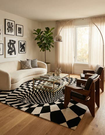 Black and White Vortex Wool Square Rug