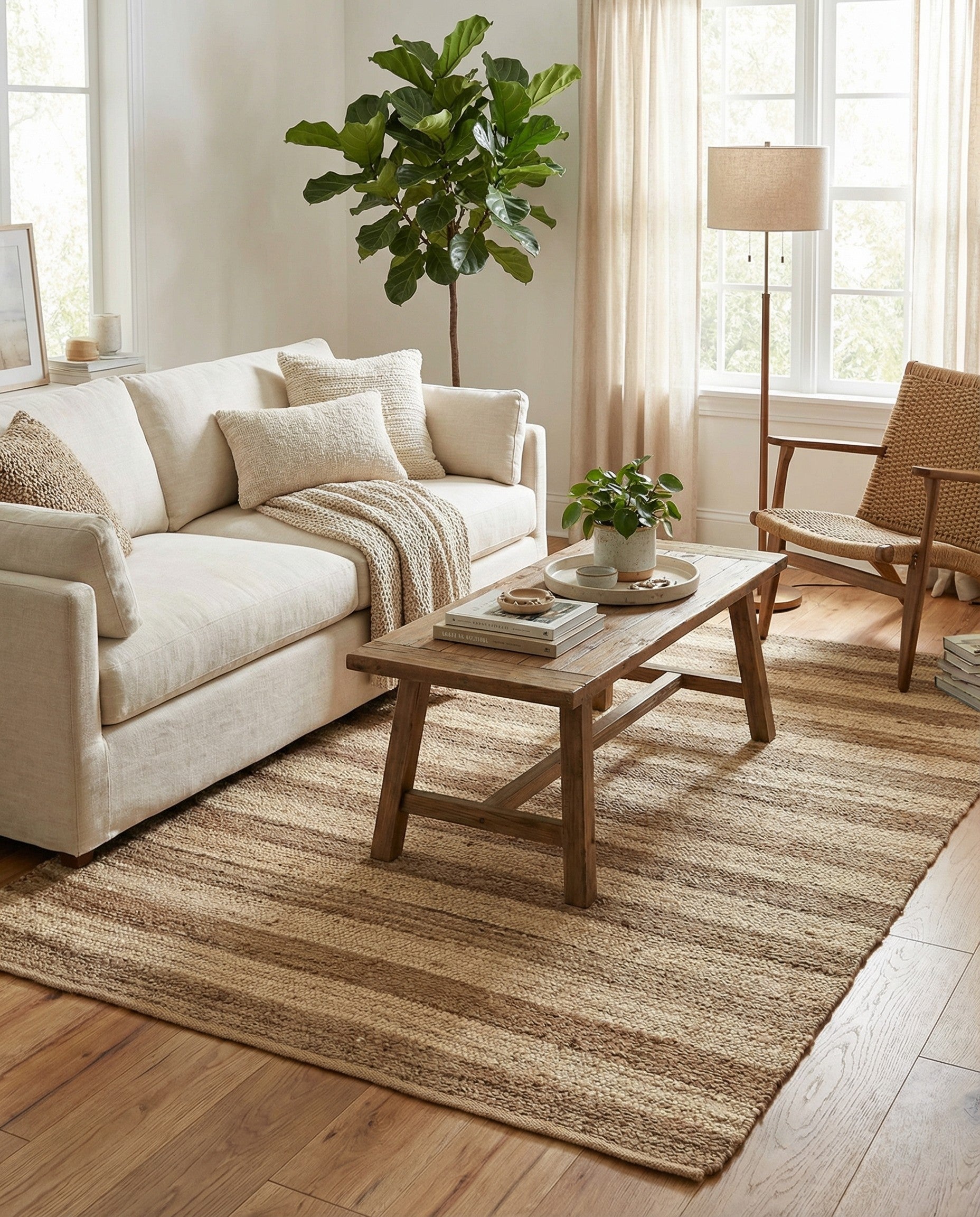 A 5x8 rectangular Braided Jute rug featuring alternating stripes of natural tan and darker brown, showcasing its textured, handmade weave.