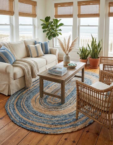 Blue and Natural Handmade Braided Chindi Oval Rug