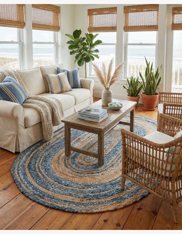 Blue and Natural Handmade Braided Chindi Oval Rug