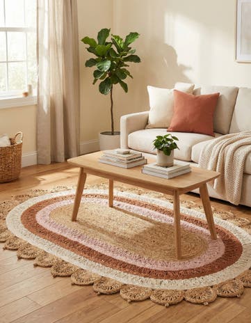 Natural White Orange Pink Handmade Braided Jute Oval Rug