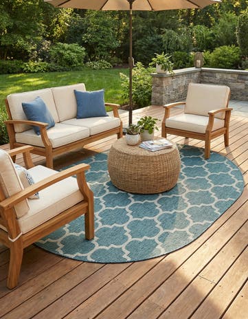 Teal Easy-Clean Lattice Indoor / Outdoor Oval Rug