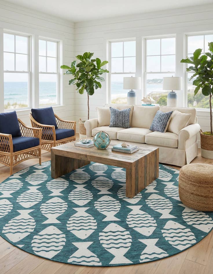 Detail image of 13' x 13'  Washable Coastal Indoor / Outdoor Round Rug