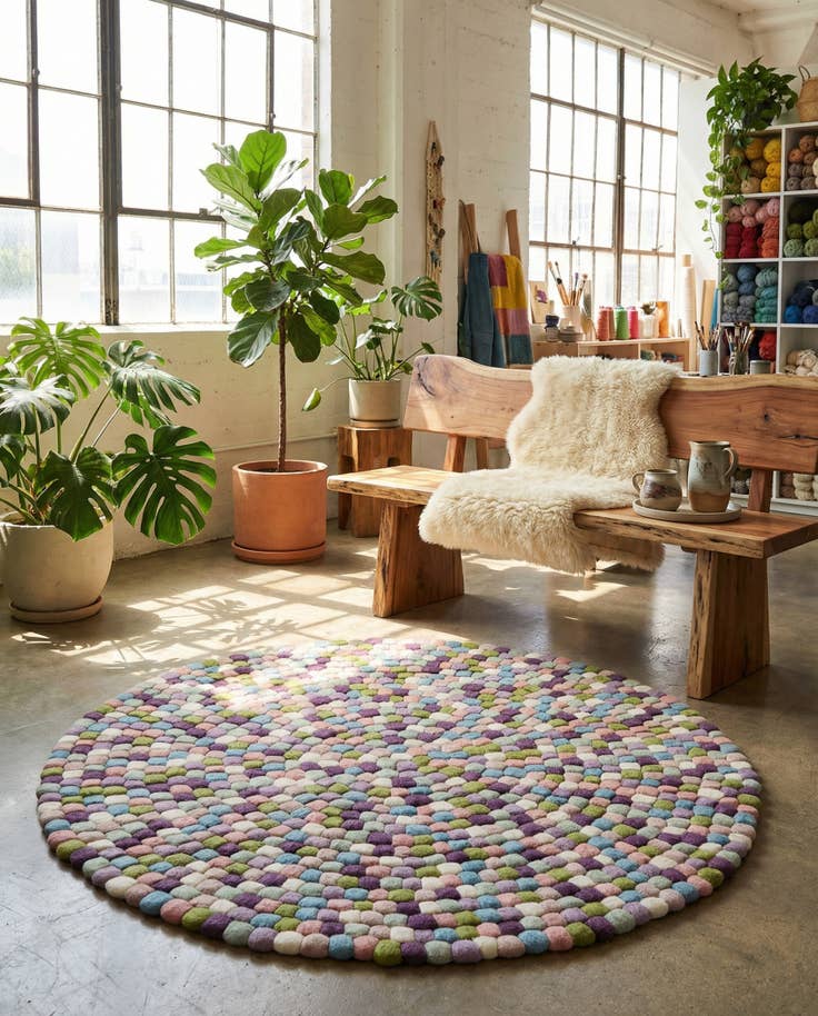 Detail image of 4' 1 x 4' 1 Felt Ball Wool Round Rug