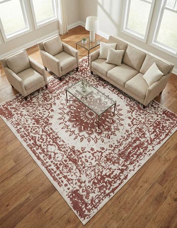 Rust Red Easy-Clean Traditional Indoor / Outdoor Square Rug