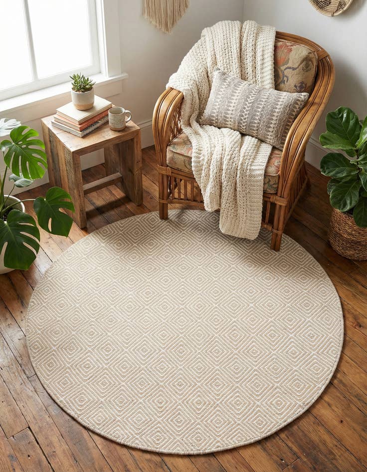 Detail image of 4' 1 x 4' 1 Hand Woven Geo Trellis Flatweave Round Rug