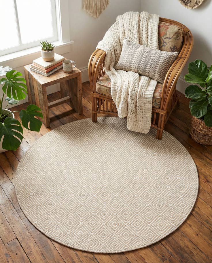 Detail image of 4' 1 x 4' 1 Hand Woven Geo Trellis Flatweave Round Rug