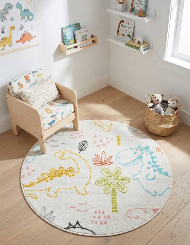 Detail image of 3' 3 x 3' 3 Dinosaur Whimsy Kids Round Rug
