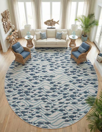 Blue Easy-Clean Coastal Indoor / Outdoor Round Rug