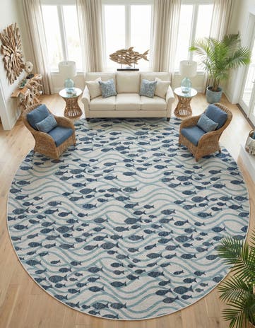 Blue Easy-Clean Coastal Indoor / Outdoor Round Rug