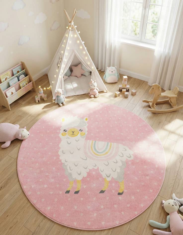 Detail image of  7' 10 x 7' 10 Llama Whimsy Kids Round Rug