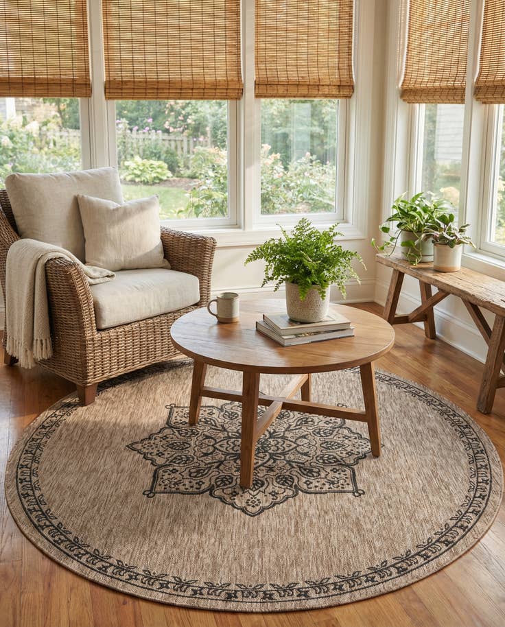 Detail image of 7' 10 x 7' 10 Easy-Clean Traditional Indoor / Outdoor Round Rug