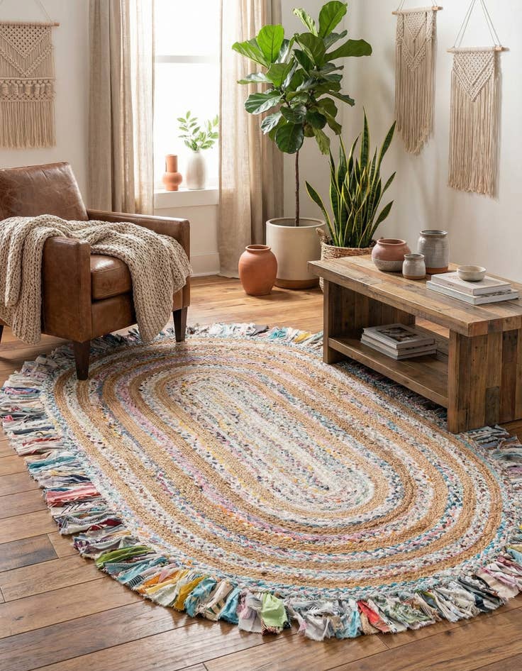 Detail image of  5' 1 x 8'  Hand Braided Chindi Jute Oval Rug