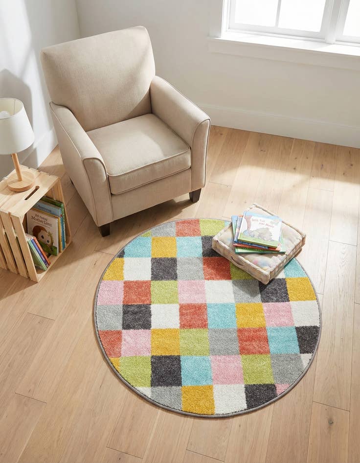 Detail image of 3' 3 x 3' 3 Checkered Whimsy Kids Round Rug