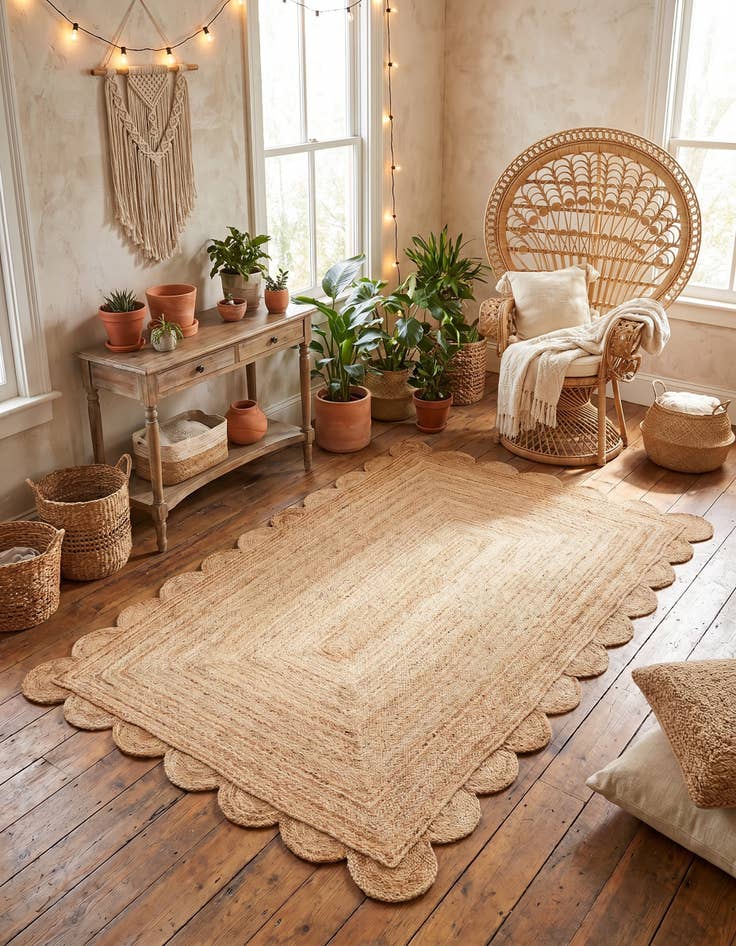 Detail image of 5' 1 x 8' Hand Woven Scallop Braided Jute Rug