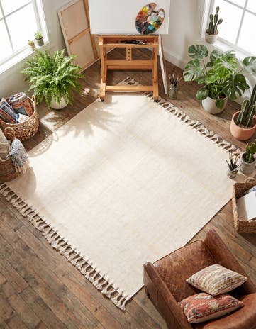 Beige and White Hand Woven Chindi Cotton Square Rug