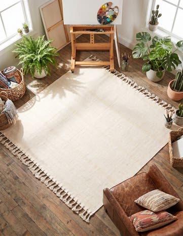 Beige and White Hand Woven Chindi Cotton Square Rug