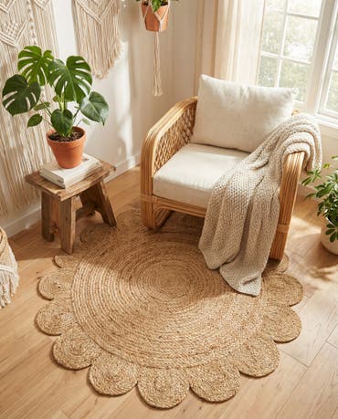  3' 1 x 3' 1  Hand Woven Scallop Braided Jute Round Rug