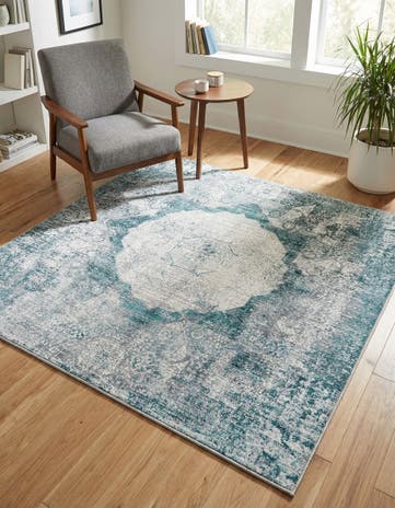 Teal Ivory Washable Yara Square Rug