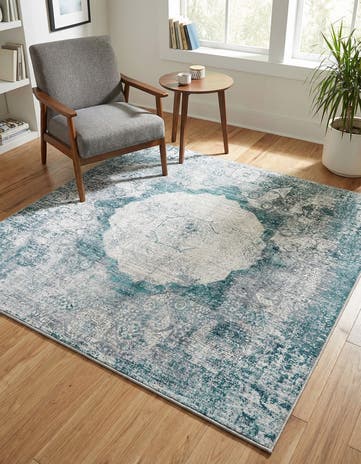 Teal Ivory Washable Yara Square Rug