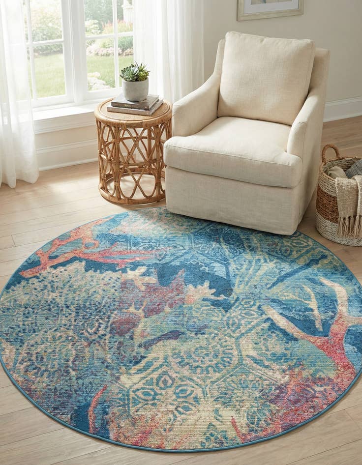 Detail image of 5' 3 x 5' 3 Washable Coastal Indoor / Outdoor Round Rug