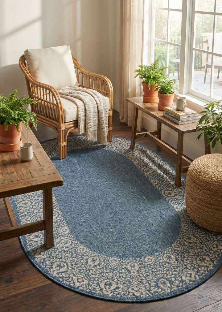 5' 3 x 8' Easy-Clean Border Indoor / Outdoor Oval Rug