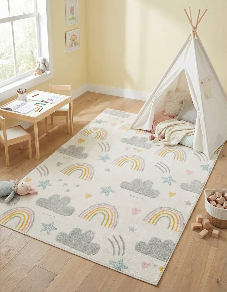 Detail image of 5' 3 x 8' Clouds and Rainbows Whimsy Kids Rug