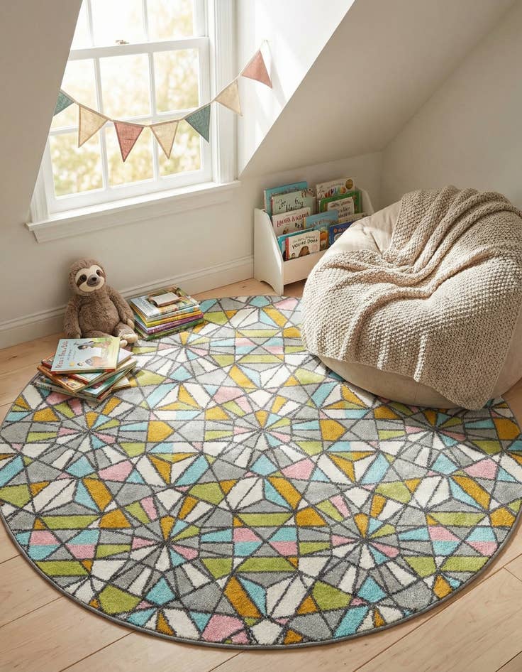 Detail image of 6' 1 x 6' 1 Stained Glass Whimsy Kids Round Rug