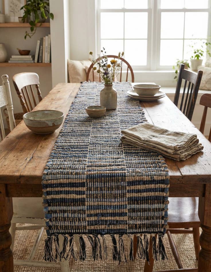 Detail image of 1' 2 x 4' 1 Hand Woven Chindi Jute Table Runner Rug