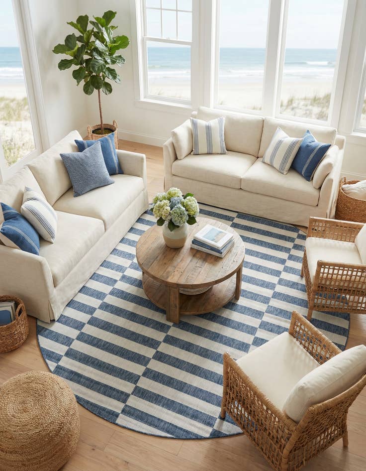 Detail image of 10' x 10'  Washable Striped Indoor / Outdoor Round Rug