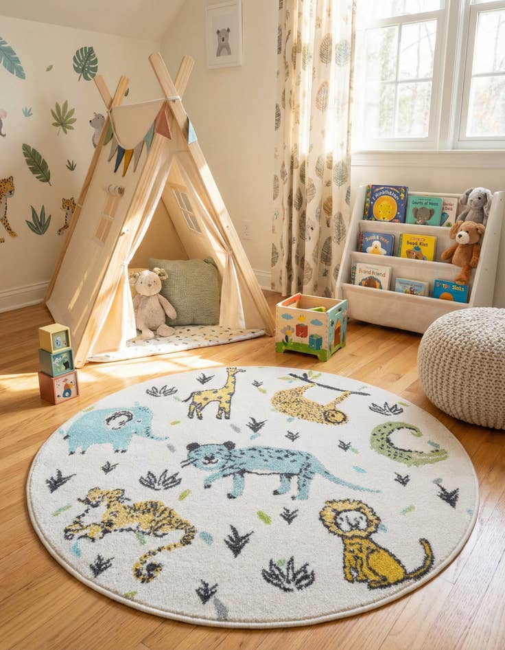 Detail image of 3' 3 x 3' 3 Animals Whimsy Kids Round Rug