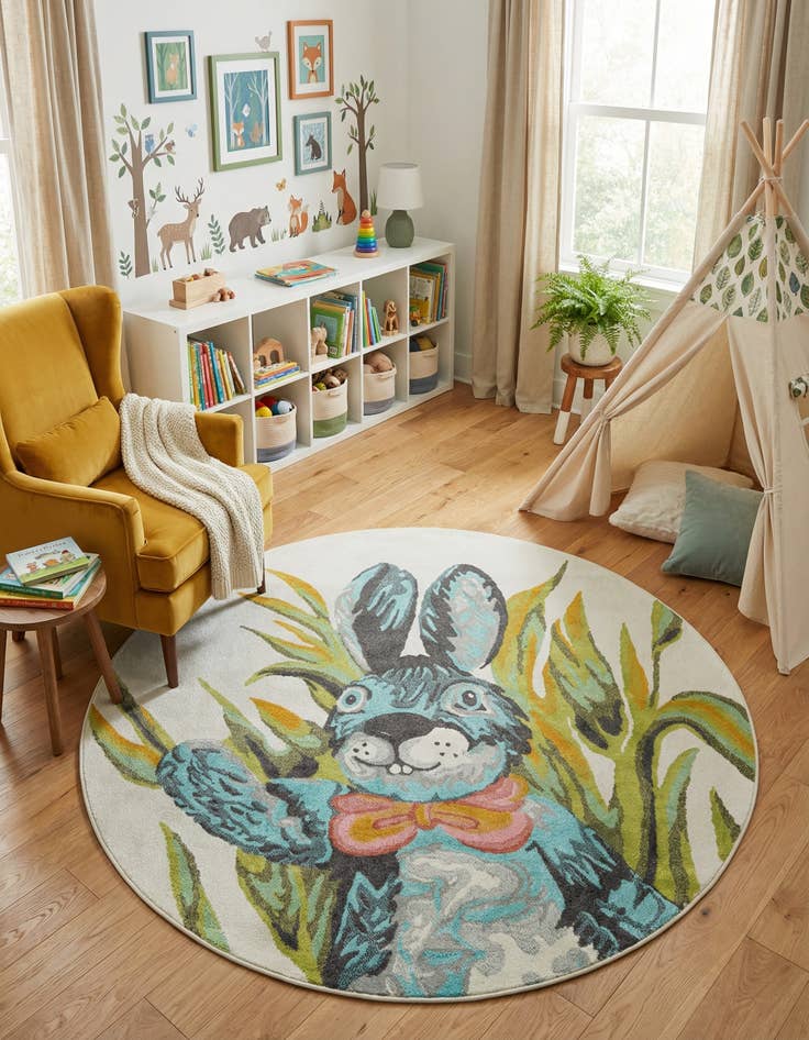 Detail image of 7' 10 x 7' 10 Rabbit Whimsy Kids Round Rug