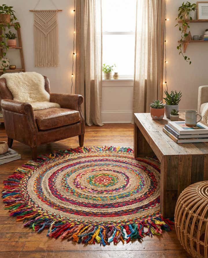 4' 1 x 4' 1 Hand Braided Chindi Jute Round Rug
