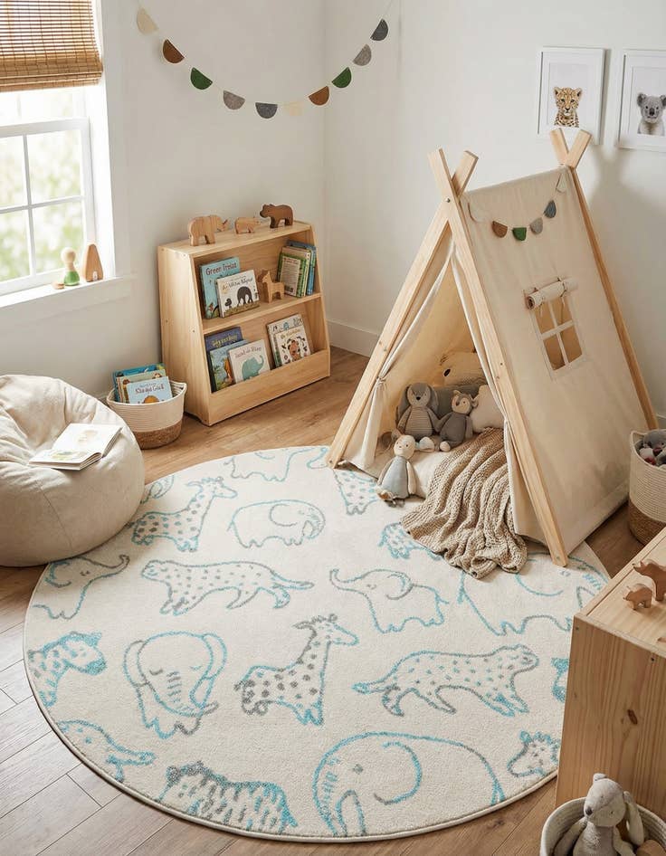 Detail image of 5' 3 x 5' 3 Animals Whimsy Kids Round Rug