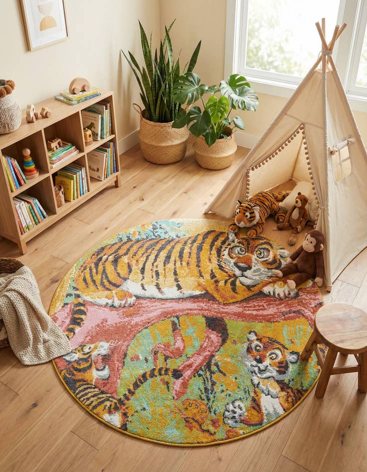Detail image of 6' 1 x 6' 1 Tiger Whimsy Kids Round Rug