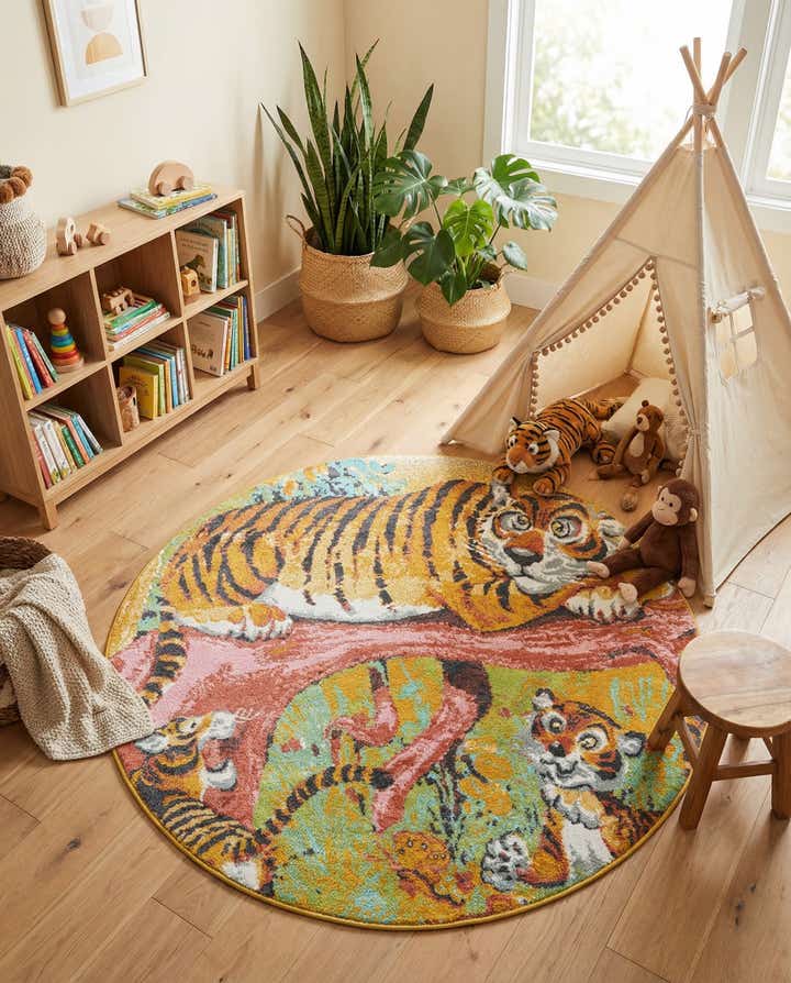 6' 1 x 6' 1 Tiger Whimsy Kids Round Rug
