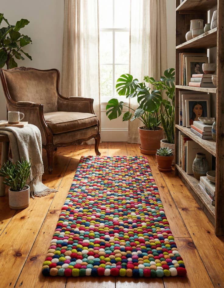 Detail image of 2' 2 x 6' 1 Felt Ball Wool Runner Rug