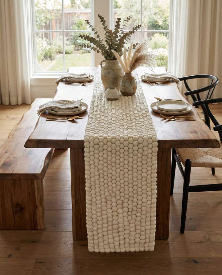 1' 2 x 10' Hand Woven Felt Ball Wool Table Runner Rug