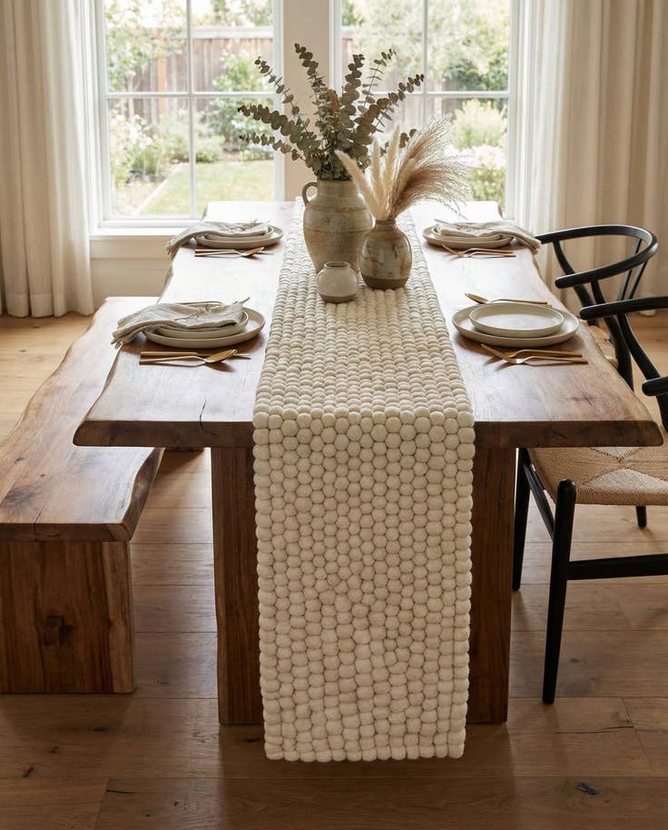 Detail image of 1' 2 x 10' Hand Woven Felt Ball Wool Table Runner Rug