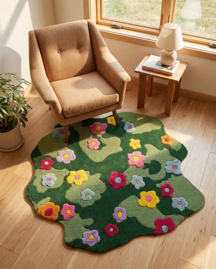 Detail image of 4' 1 x 4' 1 Happy Rugs Moss Funky Flower Wool Round