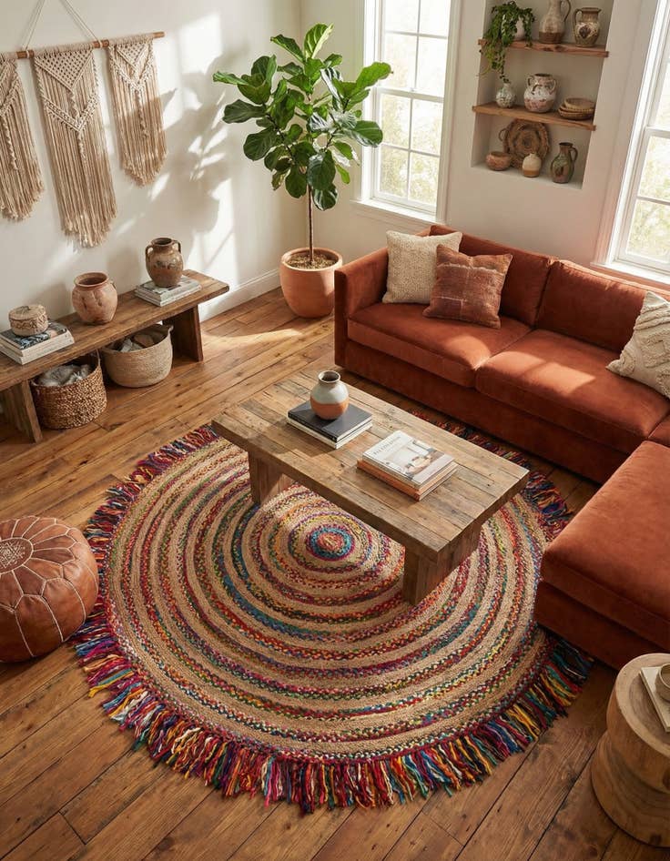 Detail image of  7' 10 x 7' 10  Hand Braided Chindi Jute Round Rug