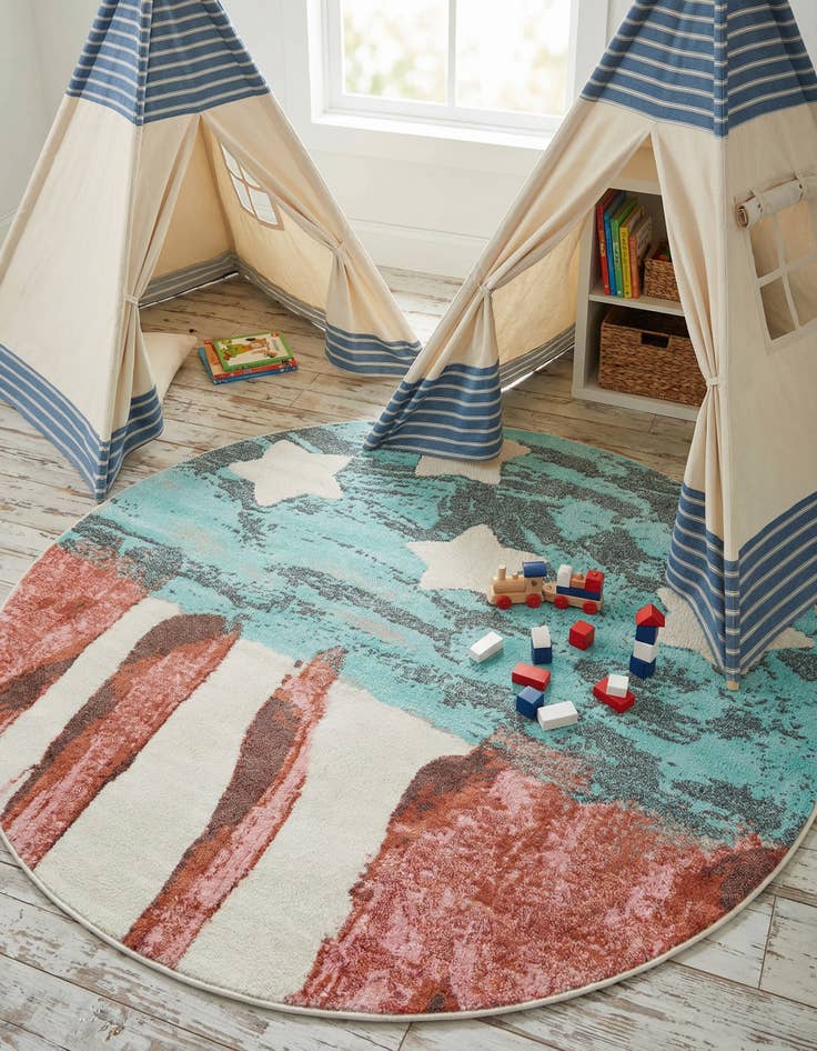 Detail image of 6' 1 x 6' 1 American Flag Whimsy Kids Round Rug