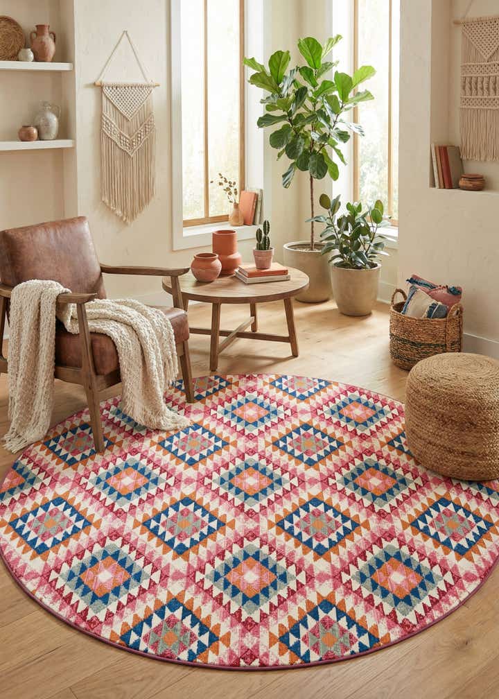 7' 10 x 7' 10 Easy-Clean Southwestern Indoor / Outdoor Round Rug